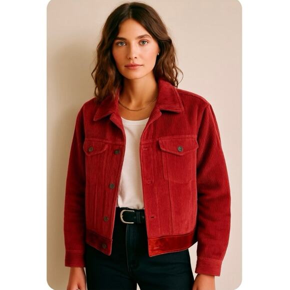 J.Jill Red Courderoy Trucker Coat With Velvet Trim Boho Chic Effortless Classic - Picture 1 of 10